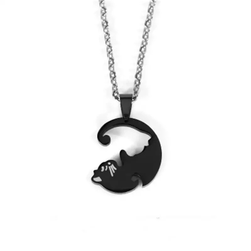 Two Cat Couple Necklaces Jewelry Stainless Steel Black White Kitten Animal Penda