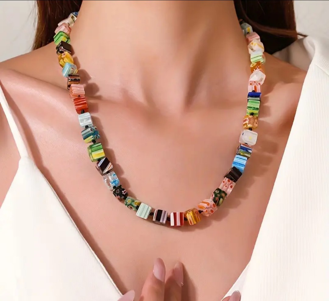Murano Style Multicolor Thousand Flower Glass Cube Beaded Necklace (21.65in)