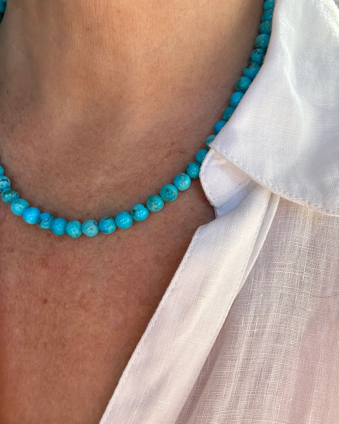 Soft Sky Blue Kingman Arizona Turquoise Necklace, 6mm Round Gemstone Choker