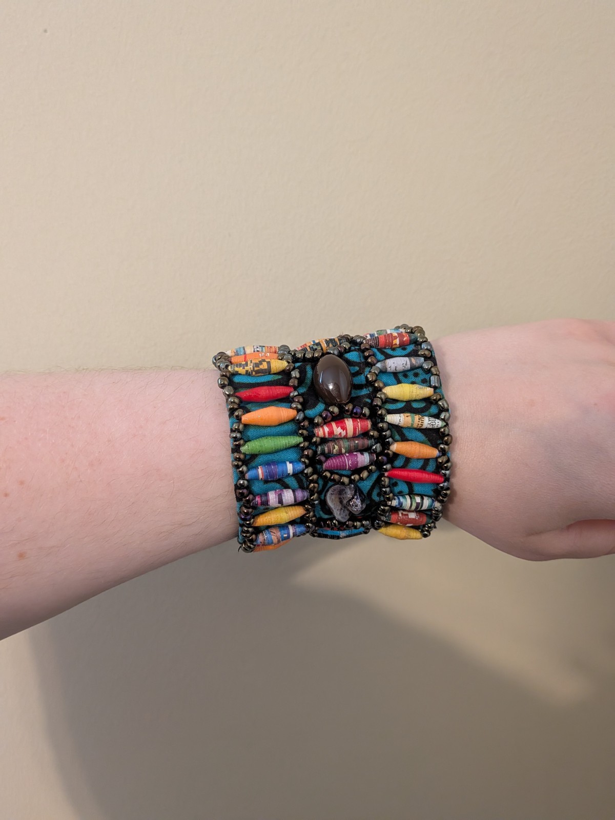 Handmade African Paper Bead Cuff Bracelet Multicolor Fabric Wrap Adjustable Boho