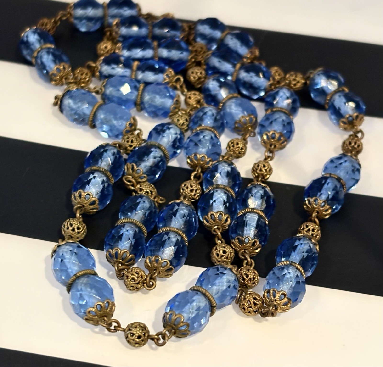 Antique Art Deco Blue Czech Glass & Brass Filigree 34 Inch Necklace 20s-30s
