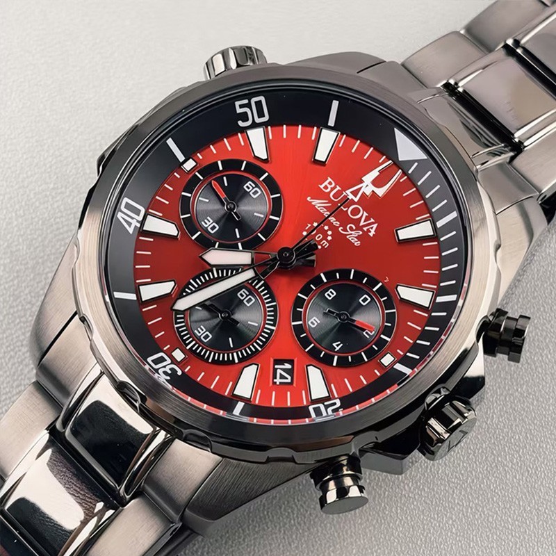 Bulova 98B350 Marine Star Men’s Chronograph Quartz Watch Red Dial Stainless 43mm
