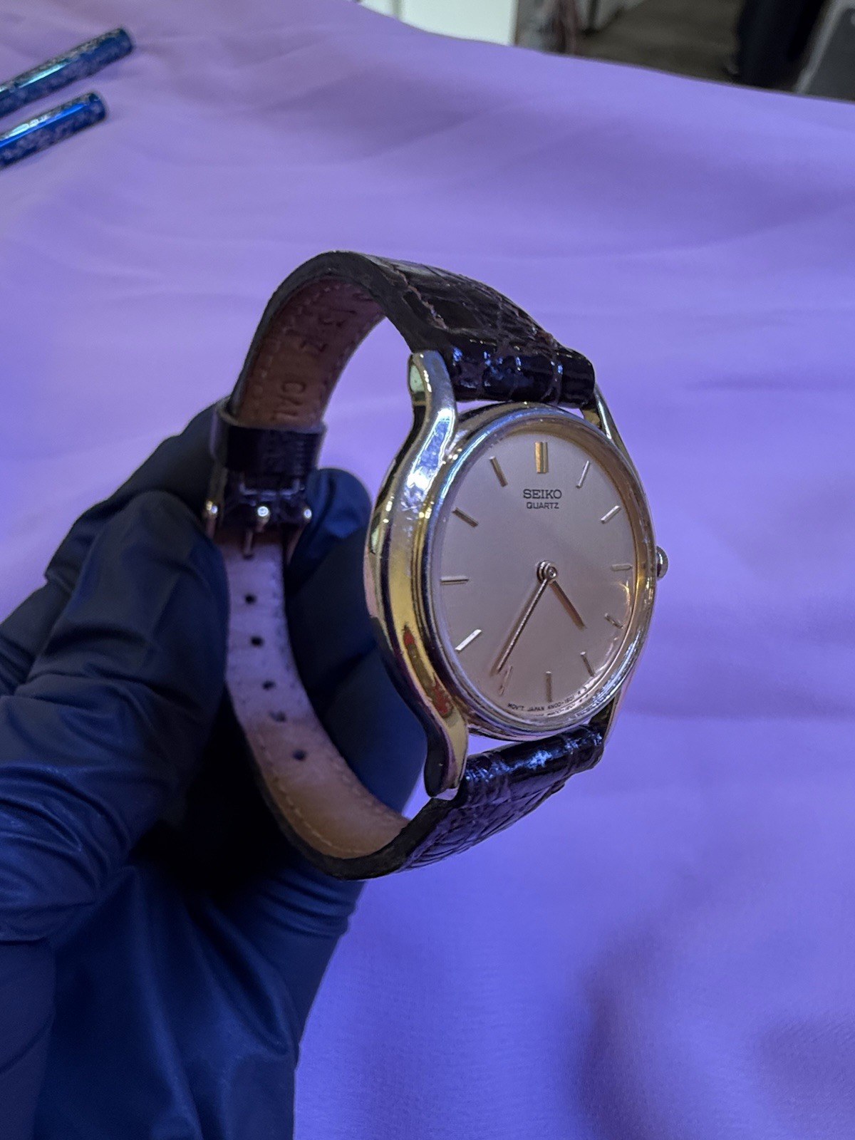 Vintage 1991 Seiko Quartz Dress Watch Gold Dial Brown Leather Strap -Working