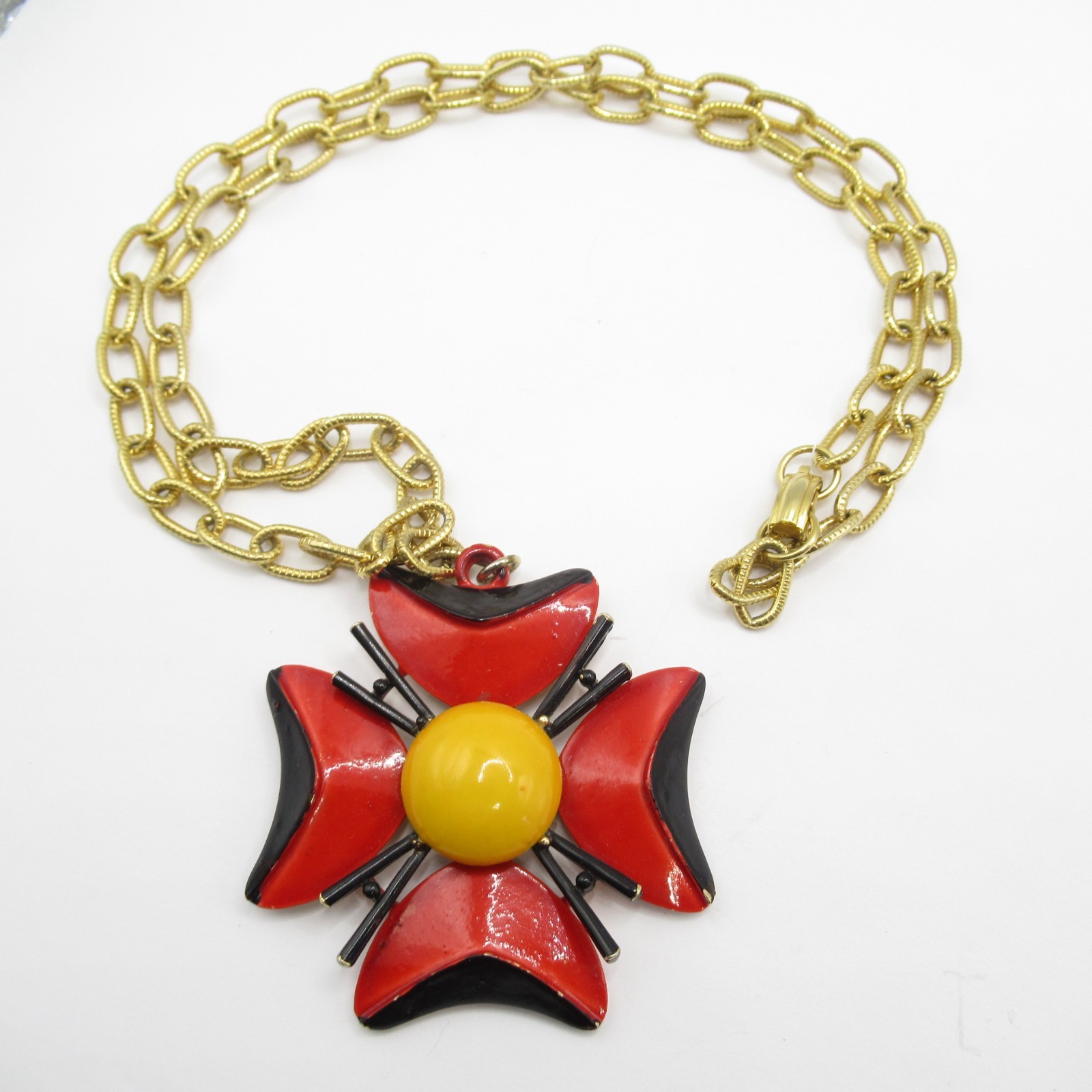 Signed ART Arthur Pepper Necklace Red Black Yellow Enamel Maltese Cross Vintage