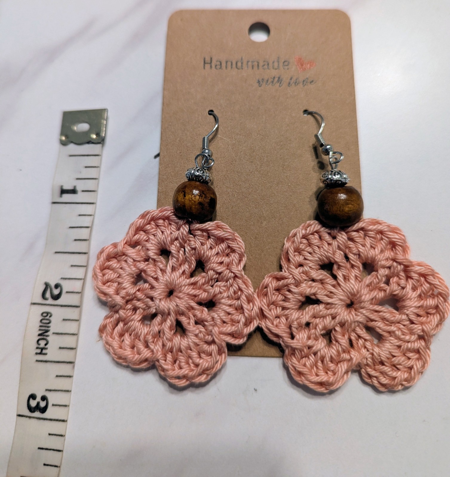 Handcrafted Pink Crochet Flower Dangle Earrings Lightweight & Beautiful 1&1/2 In