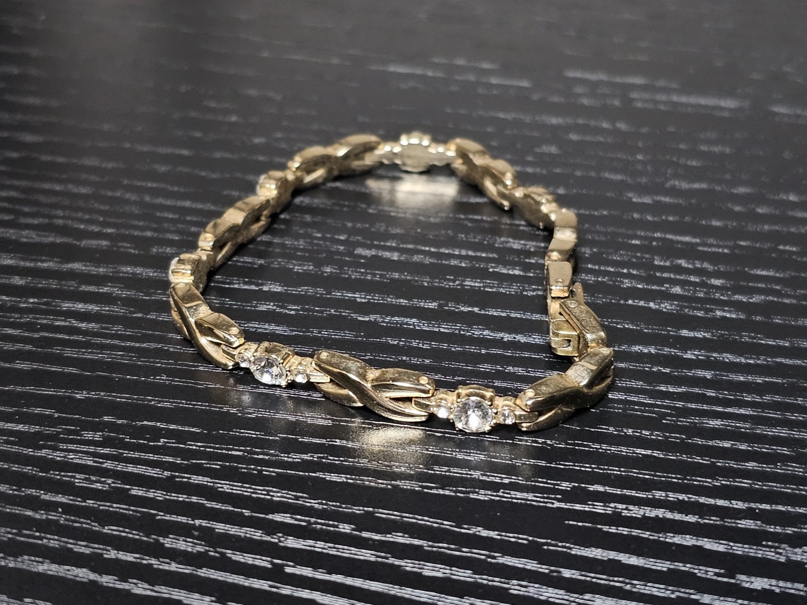 Gold Tone Twisted Link Bracelet Clear CZ Stones Fold Over Clasp