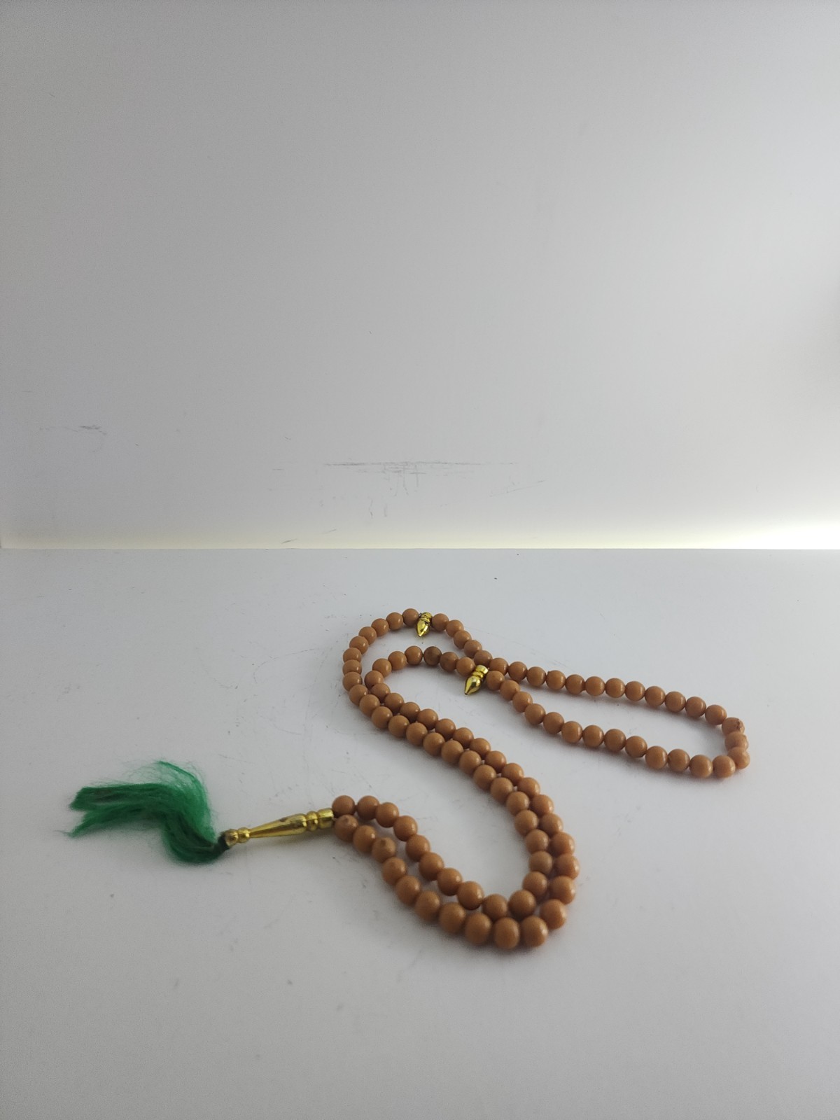 Brown Beige Beads Necklace Meditation Souvenir Green Tassel Gold Tone Charm
