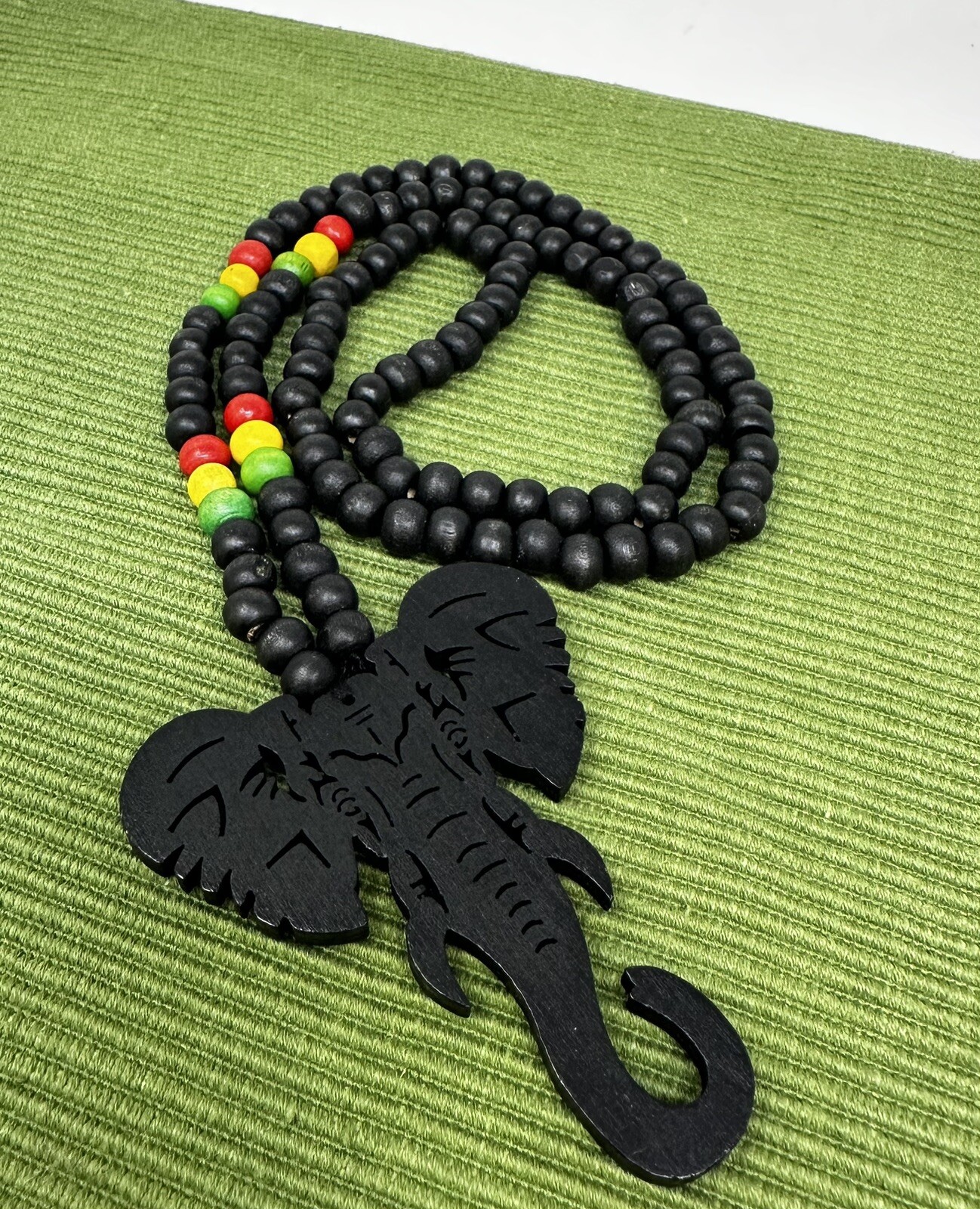 Handcrafted Wooden Elephant Head Necklace with Rasta Accent Beads – 30” Length