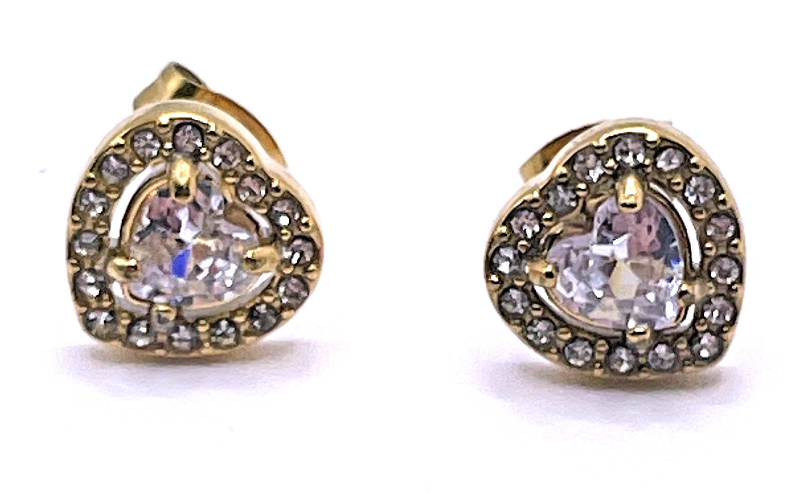 18K Gold Plated Heart Stud Earrings CZ Halo Stainless Steel PVD Coated