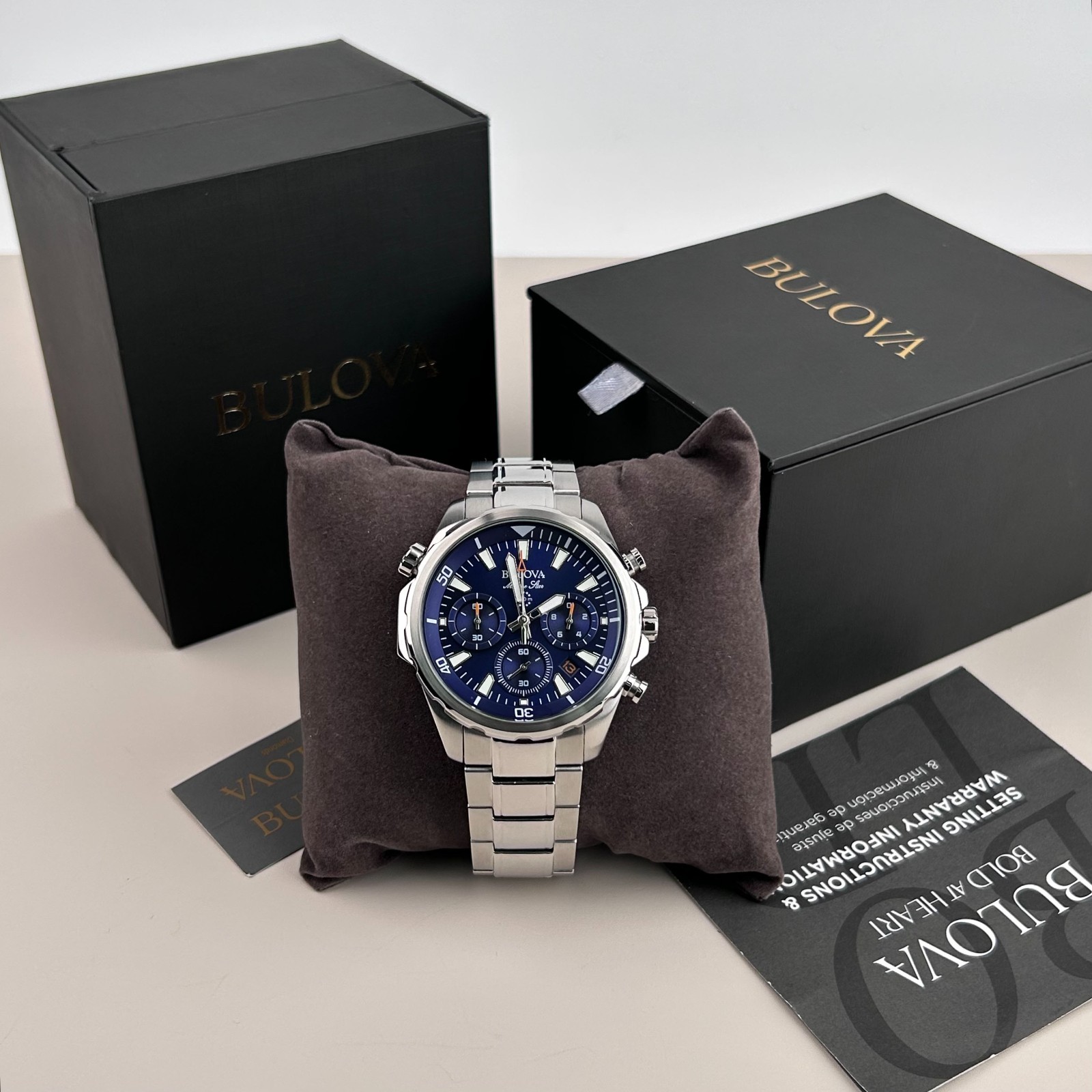 New Bulova Marine Star 96B256 Chronograph Blue Dial Quartz Watch 43MM