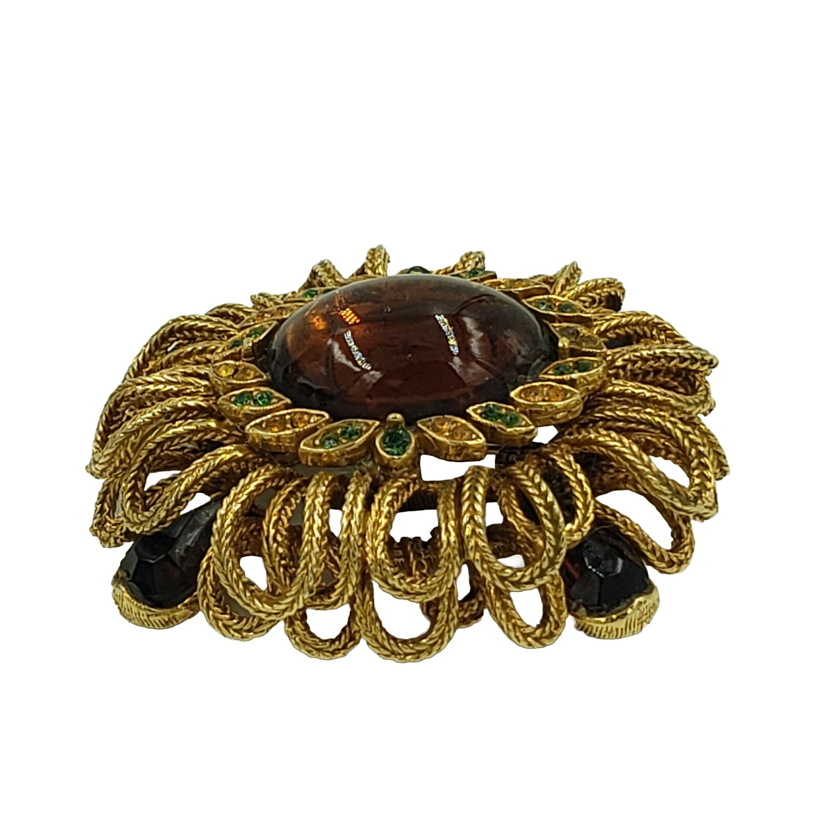 CAPRI Brooch Amber Cabochon Rhinestone Gold Tone Loop Signed Vintage
