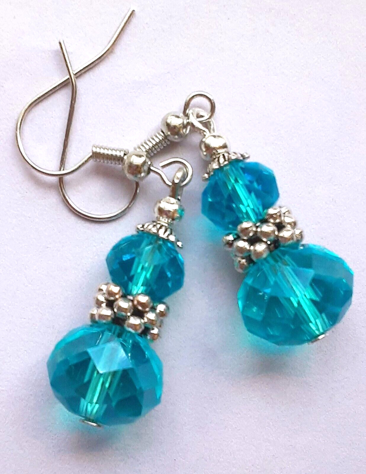 double AQUA BLUE Faceted CRYSTAL earring SP FISH HOOK handcrafted WPCF16