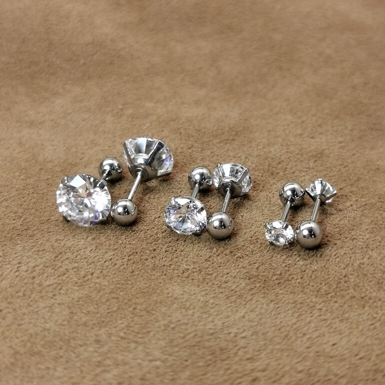 Womens Silver Round CZ Screw Back Ball Stud Earrings 316L Surgical Steel 2-6mm