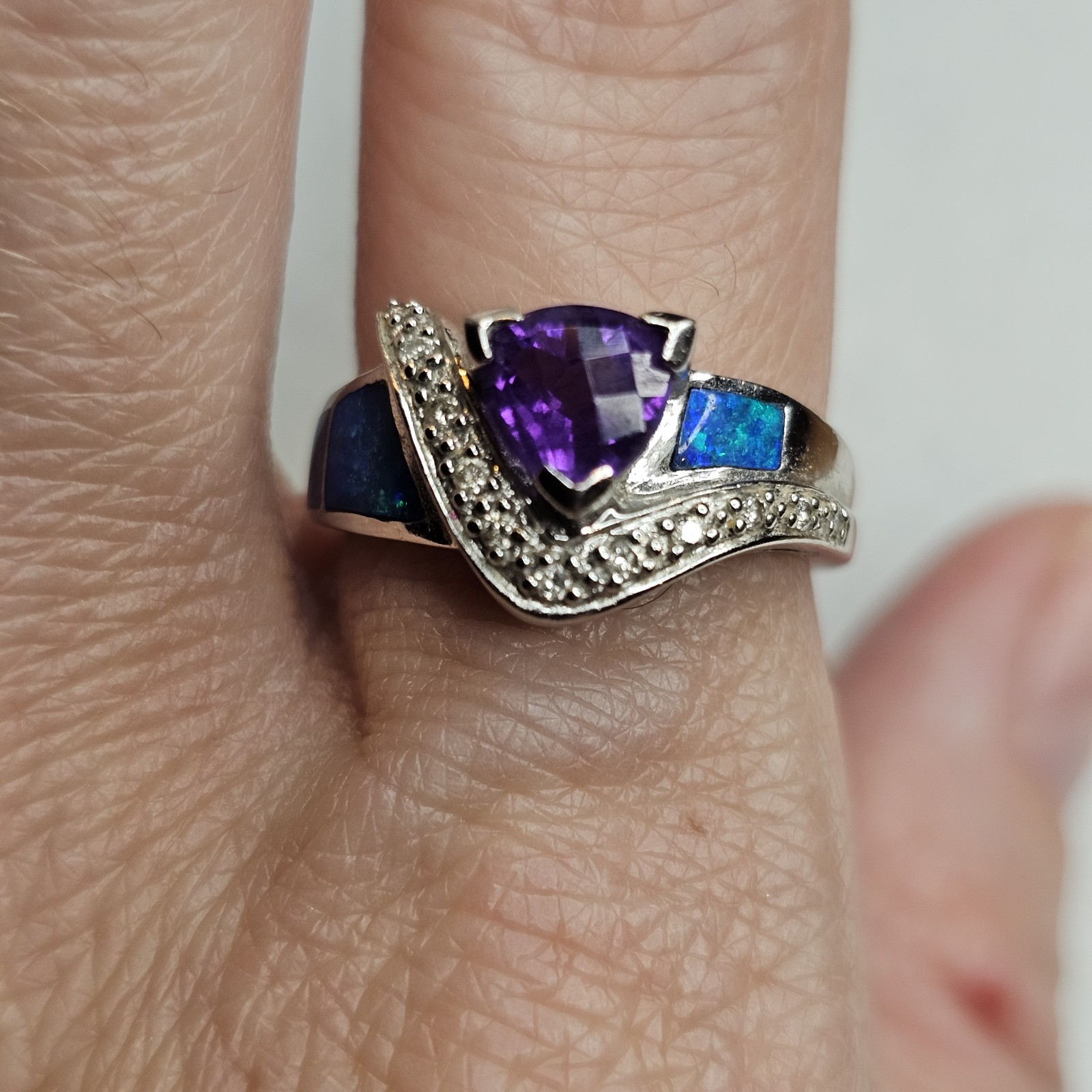 14K White Gold Amethyst Diamond Opal Inlay Ring Designer Style Estate Sz 6.25