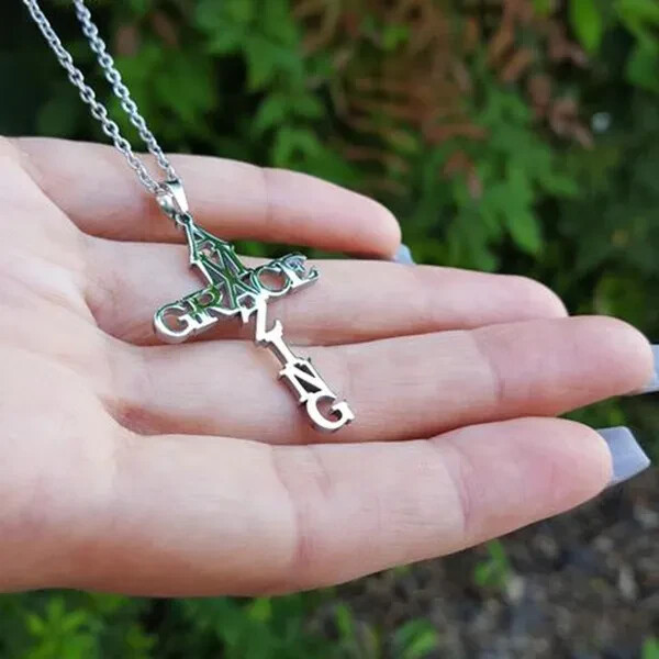 Stainless Steel Amazing Grace Cross Necklace – Silver, Christian Faith, Church