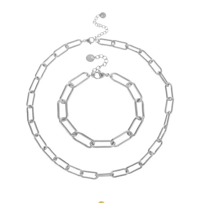 Women Girl Stailess Steel Silver tone Paper Clip Link Chain Necklase