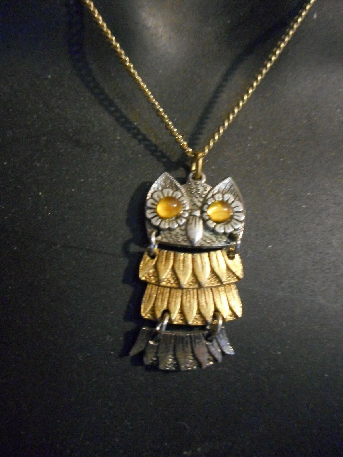 Owl Articulated Pendant Necklace Multi-Color Yellow Eyes- Chain 9 1/8″ L x 3/4″W