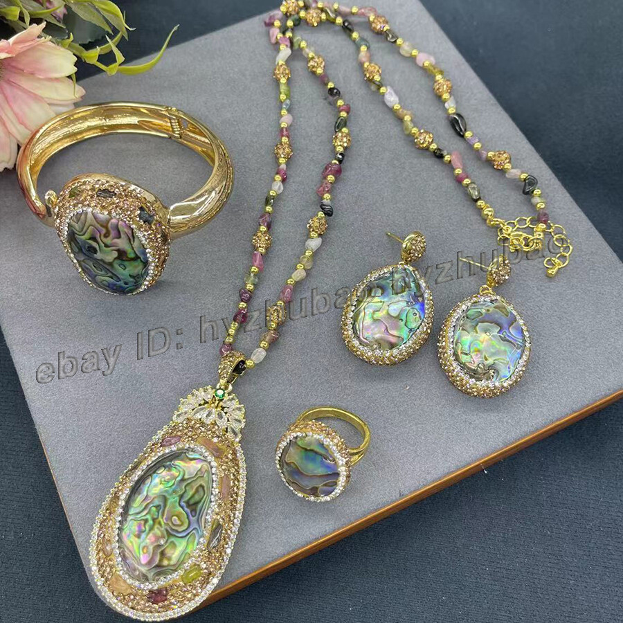 Tourmaline Gem Beads Inlay Abalone Shell Earrings Bracelet Ring Pendant Necklace