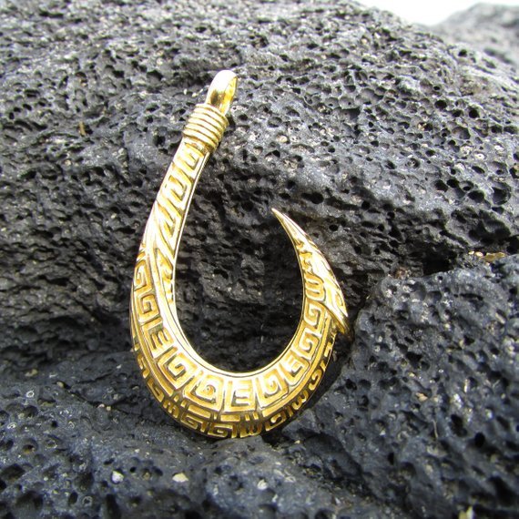 Maui Fishing Hook Necklace. 18K Gold Vermeil Hawaii. Tribal Design.