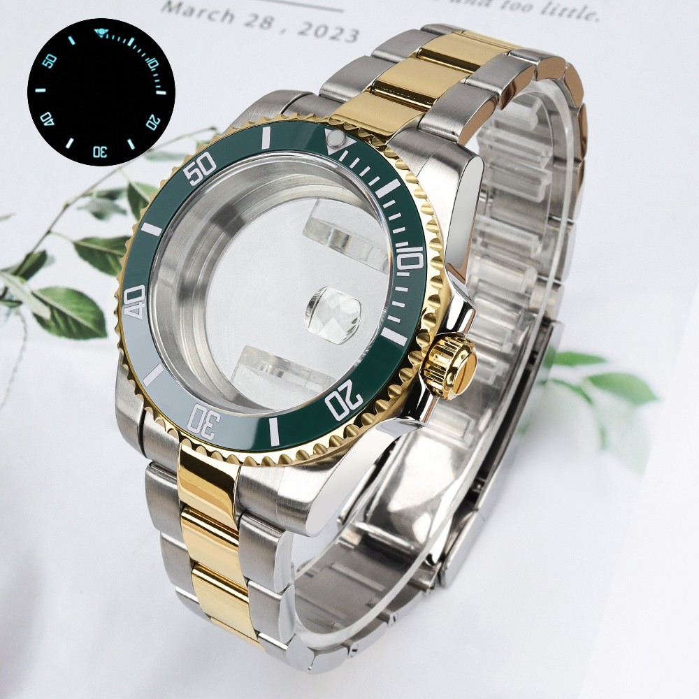 40mm SUB Watch Cases Bracelet Two Tone Gold Luminous Bezel For Janpan NH35 NH36