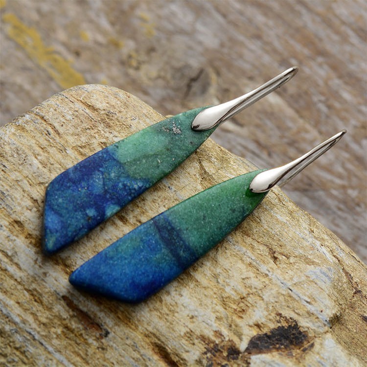 Blue Green Jasper Dangle Earrings Kite Shaped Gemstone Hook Earrings Boho Style