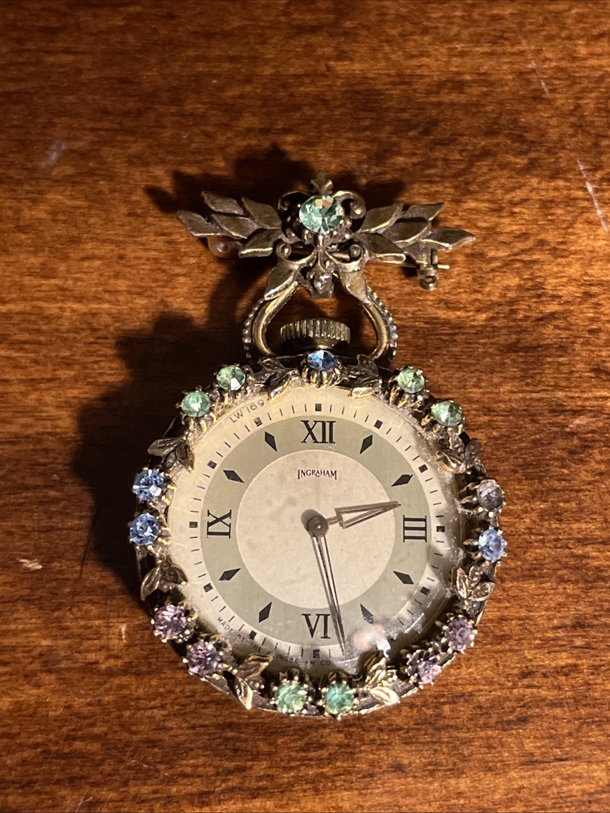 vintage Ingraham brooch pocket watch rhinestone Victorian mid-20th century.