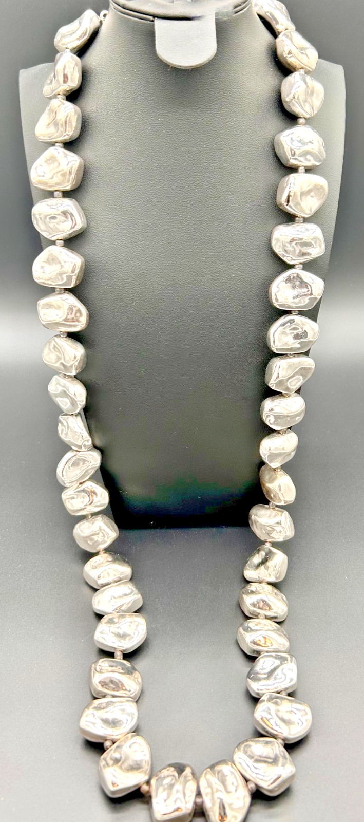 Chico’s Silver Tone Chunky Nugget Pebble Bead Statement Necklace 21″ Long Signed