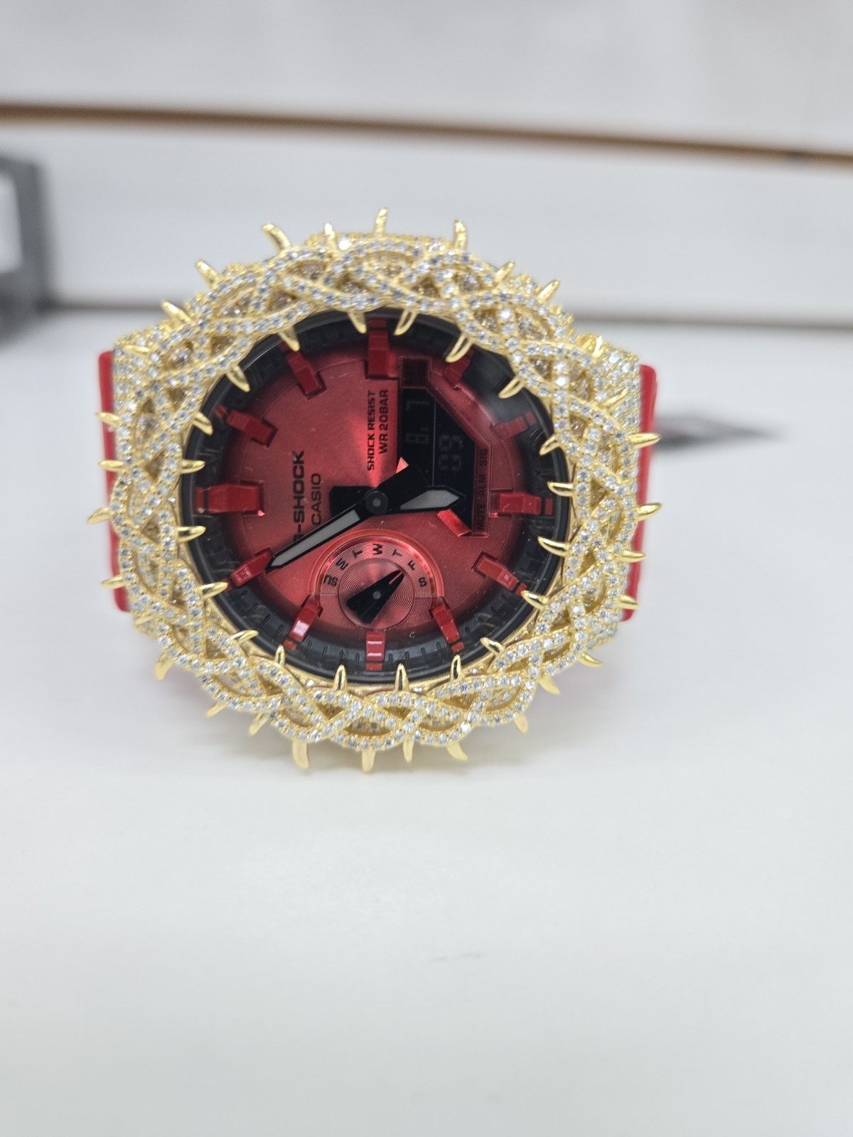 Moissanite G Shock Watch Casio 2100 Model Red Color Band Gold Color Bezel New