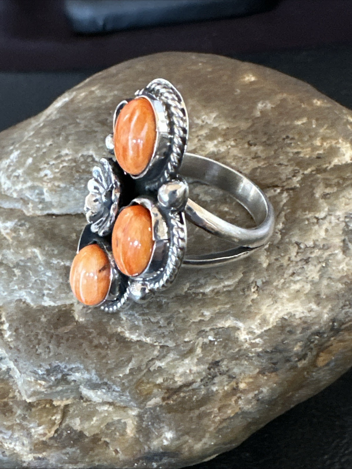 Orange Spiny Oyster Cluster Navajo Sterling Silver Ring Size 6.5 19185