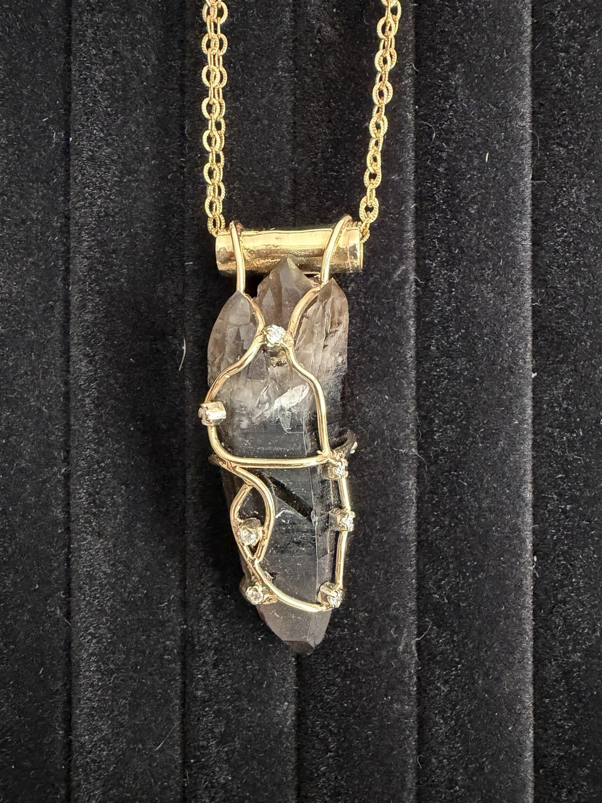 Terminated smoky quartz,wire wrapped in gold with diamond accents, pendant only