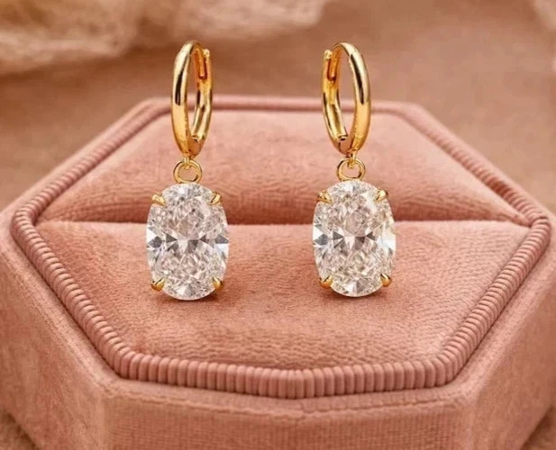 4 CT Oval EF-VS1 Lab Grown Diamond Drop Dangle Women Earrings 14K Yellow Gold