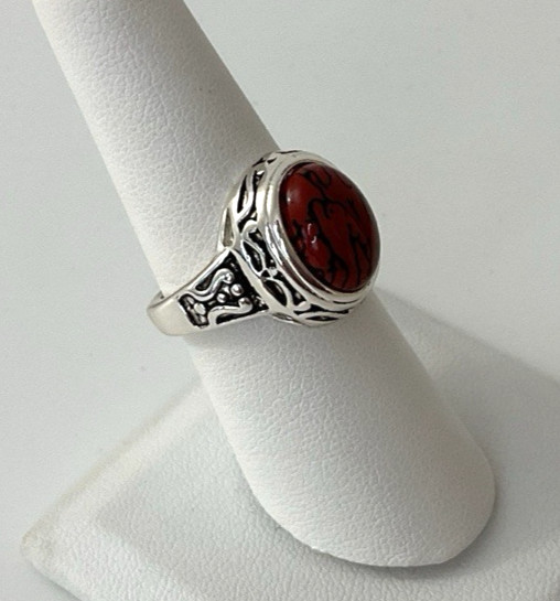 Premier Designs Spice Ring Red Oval Cabochon Size 6 1/2 Silver Tone Finish 76
