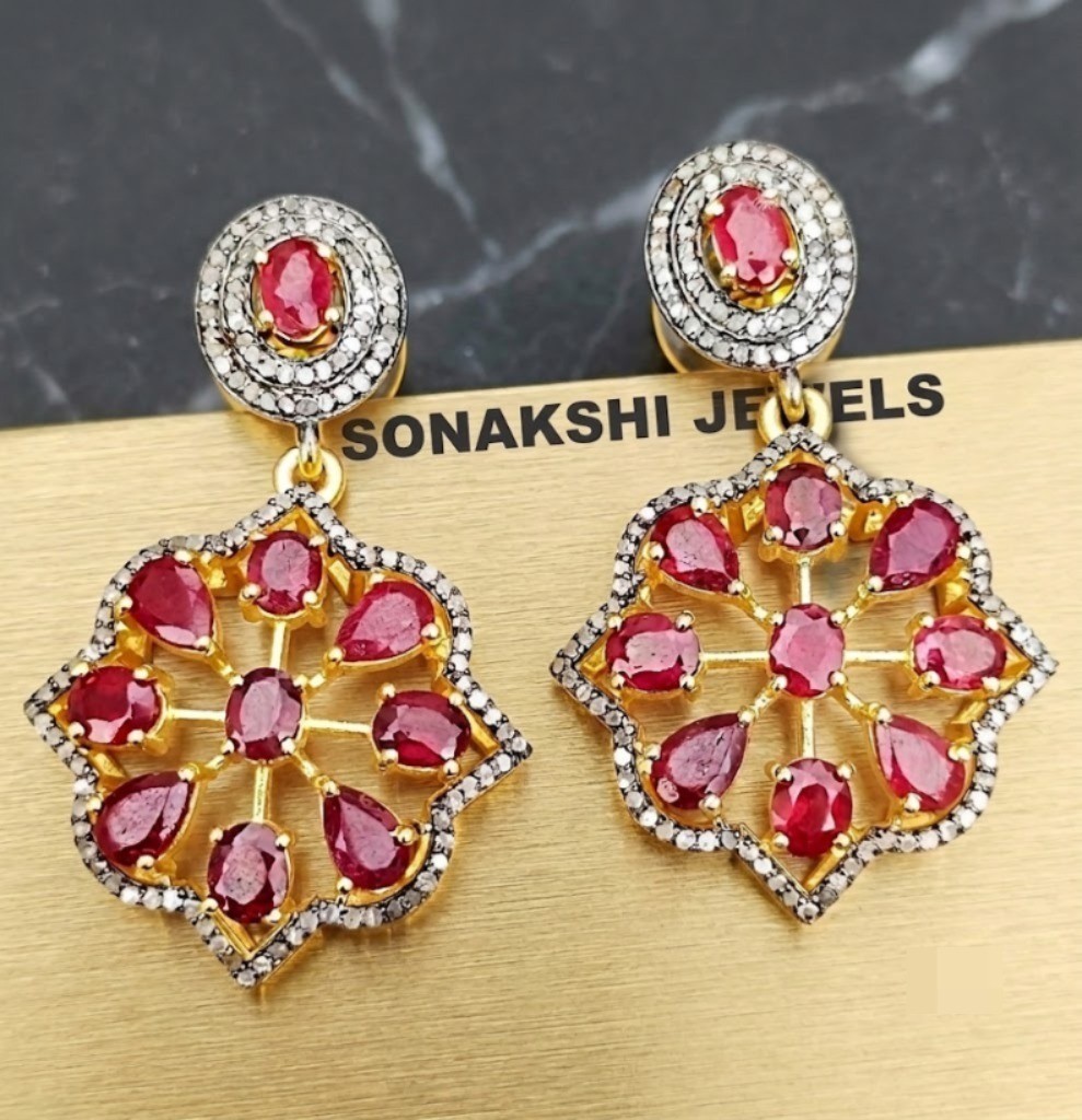 Designer Ruby Gemstone Earring Handmade Design Pave Diamond Earring
