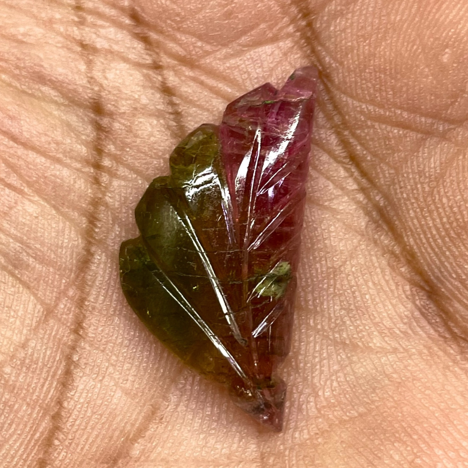 15.2 Cts Bi-Color Carved Natural Tourmaline Leaf Gemstone Pink Green for Jewelry