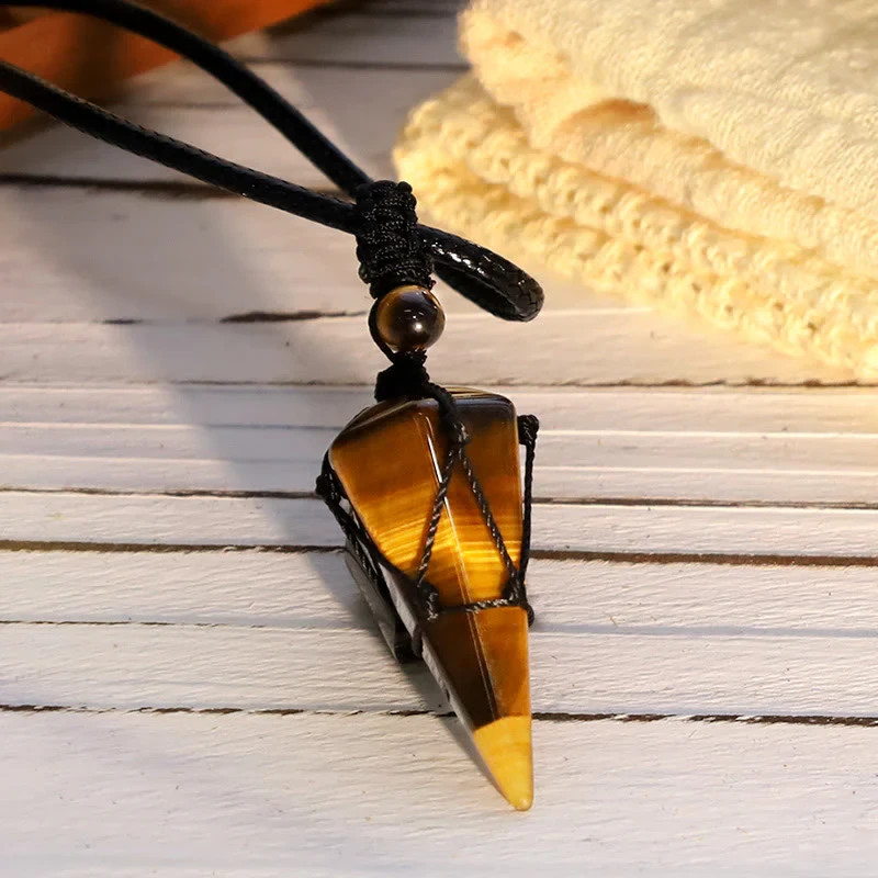 Natural Tiger Eye Stone Crystal Point Pendant Brown Stone Charm Necklace Amulet