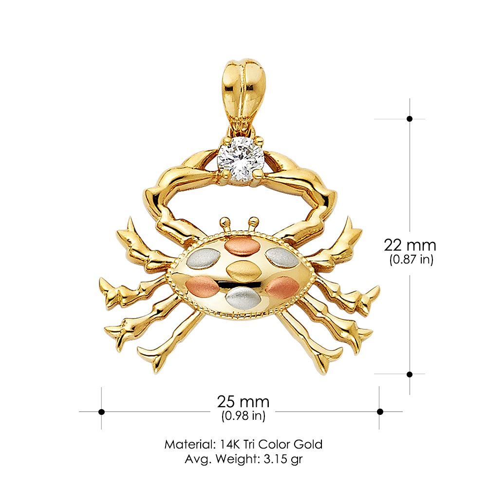 14K Tri Color Gold CZ Crab Charm Pendant & 1.2mm Box Chain Necklace