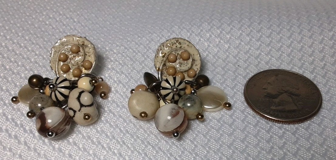 Earring Silver Tone Beige Tan Multicolor Different Shape Beaded Drop Dangle Clip