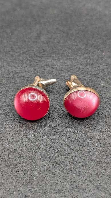 Vintage Ruby Red Glass Cabochon Tone Men’s Cuff Links