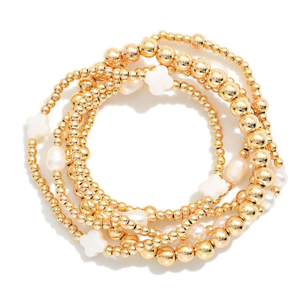 Set of 5 Gold Beaded Stretch Bracelets Pearl Clover Stack