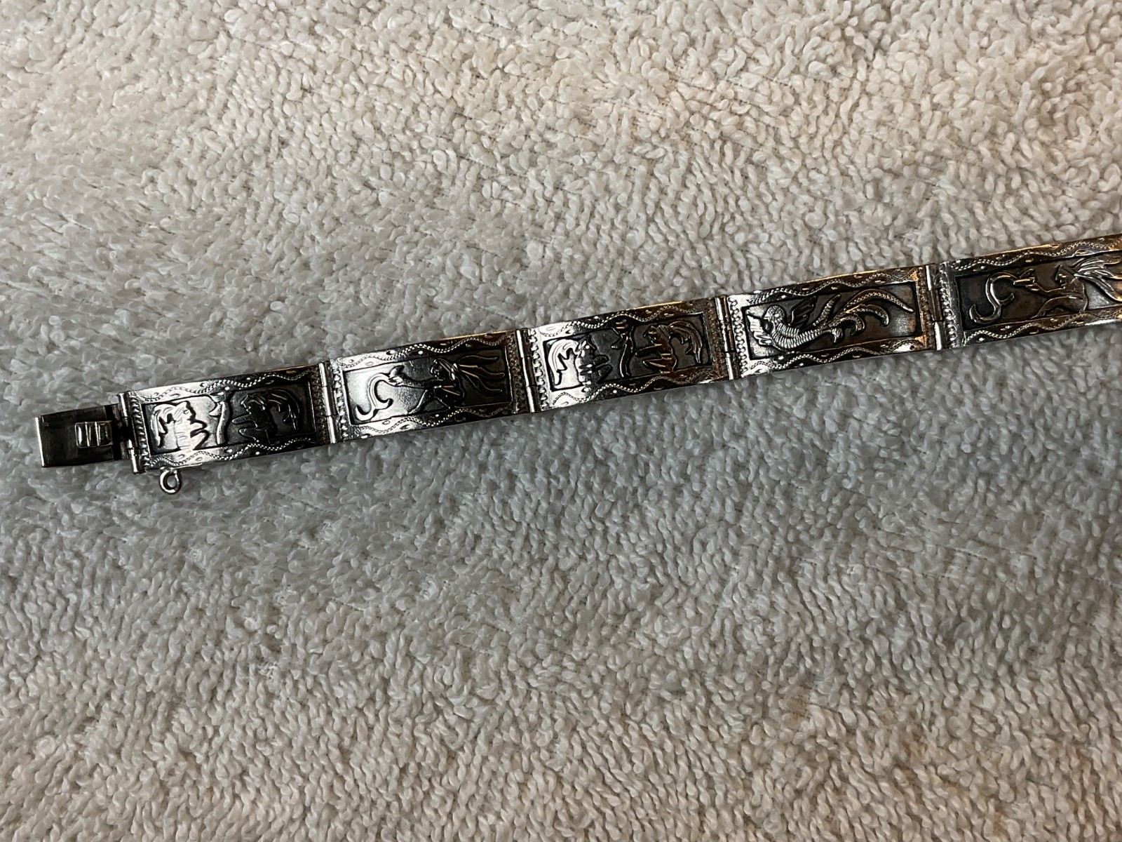 Vintage Chinese Export .900 Silver 7 Panel Bracelet Phoenix Archaistic Design