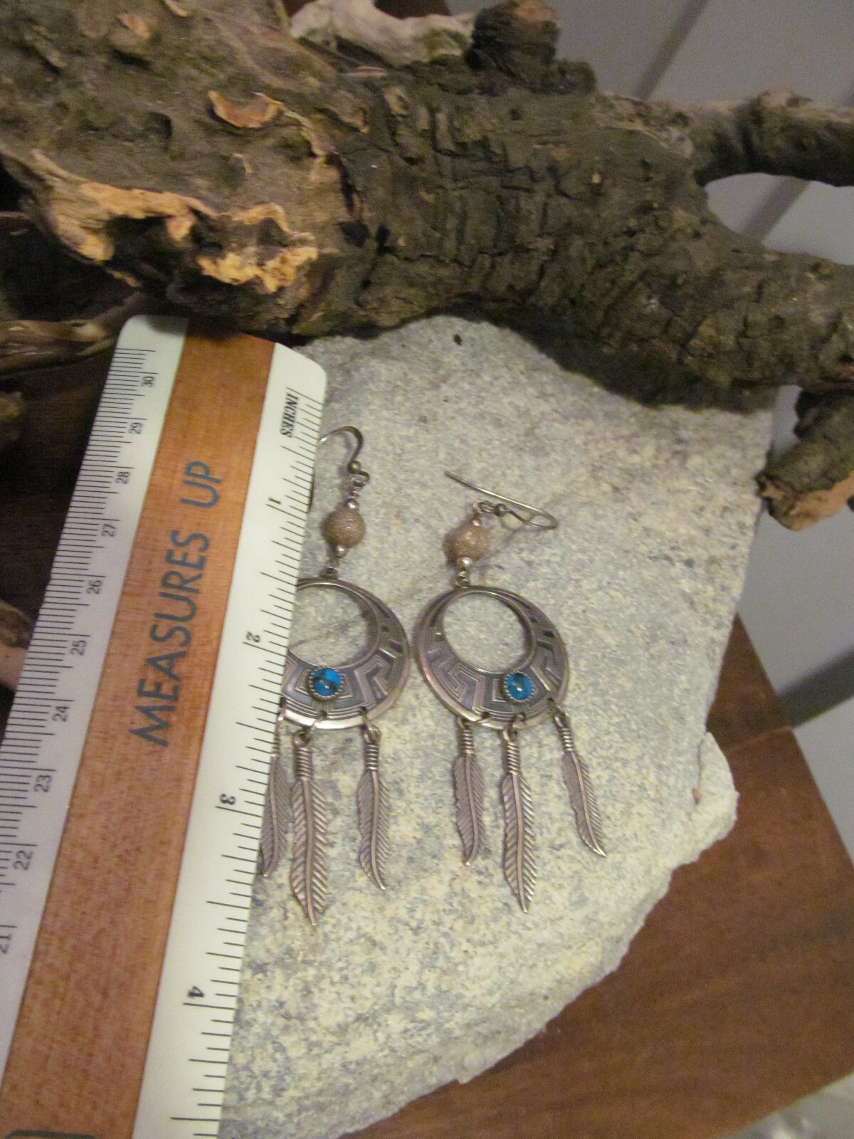 Vtg WM WHEELER MANUFACTURING Sterling Silver 925 Turquoise Feather Hook Earrings