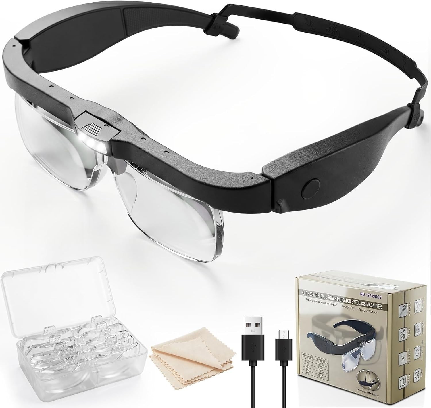 Lupa De Cabeza Con LED Luz Gafas Para Trabajo Cercano KIT De 5 Lentes De Aumento