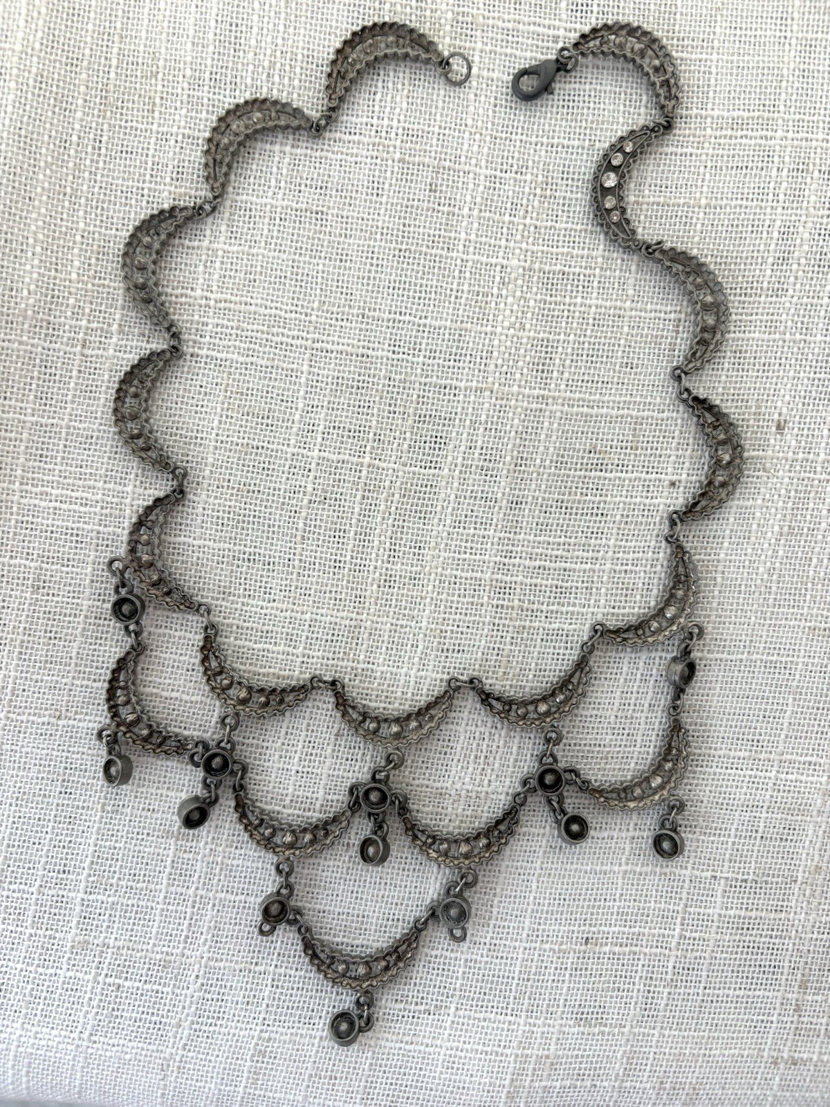 Vintage Crescent Scallop Necklace Iridescent Rhinestone Crystals Pewter Gunmetal