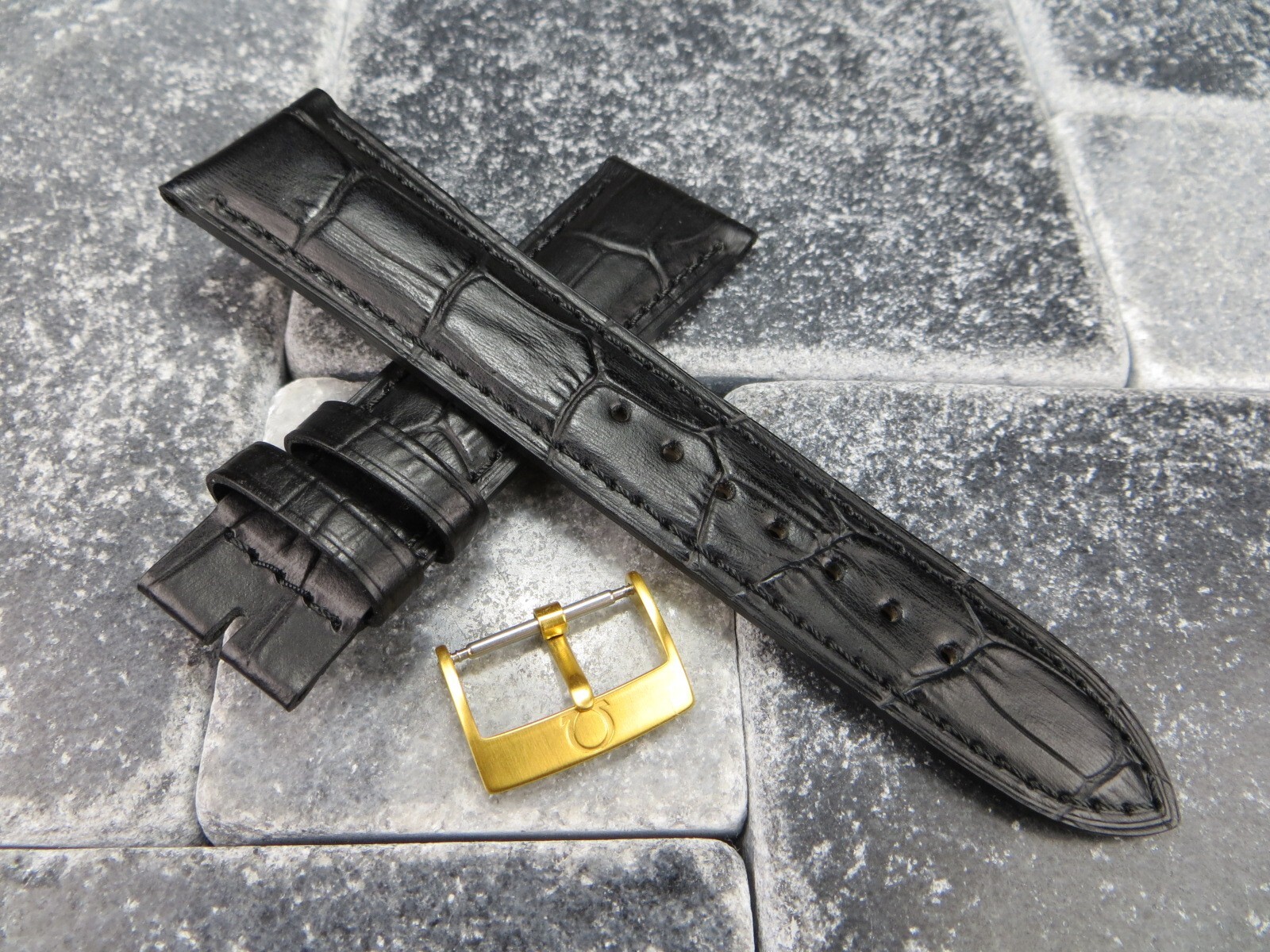 18mm Leather Strap Black Watch Band with OEM OMEGA Gold Plate Buckle Set Brush