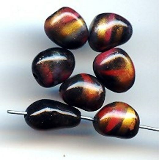 24 VINTAGE “DYNASTY” RED GOLD BLACK SWIRL ACRYLIC 11x8mm. NUGGET BEADS 5448