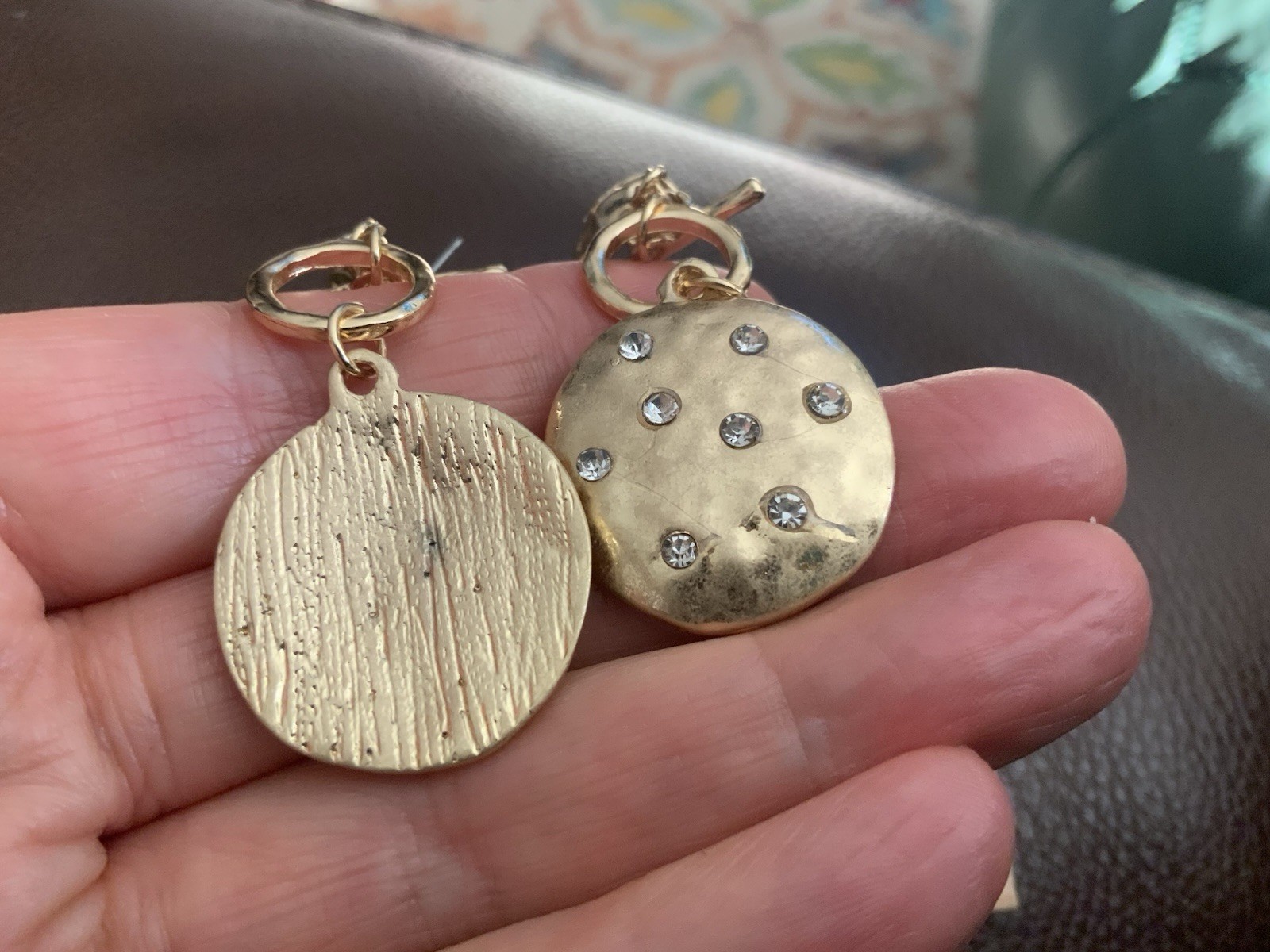 Coin Hammered Earrings Gold Museum Crystal Disc Toggle Statement VTG CZ Boho Art