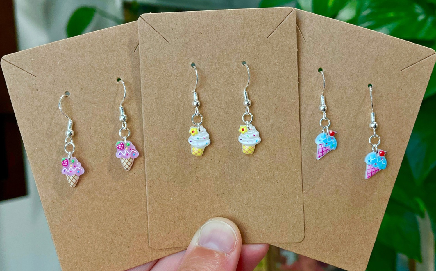 Sterling Silver Plated Ice Cream Cone Dessert Cute Kawaii Handmade Earrings