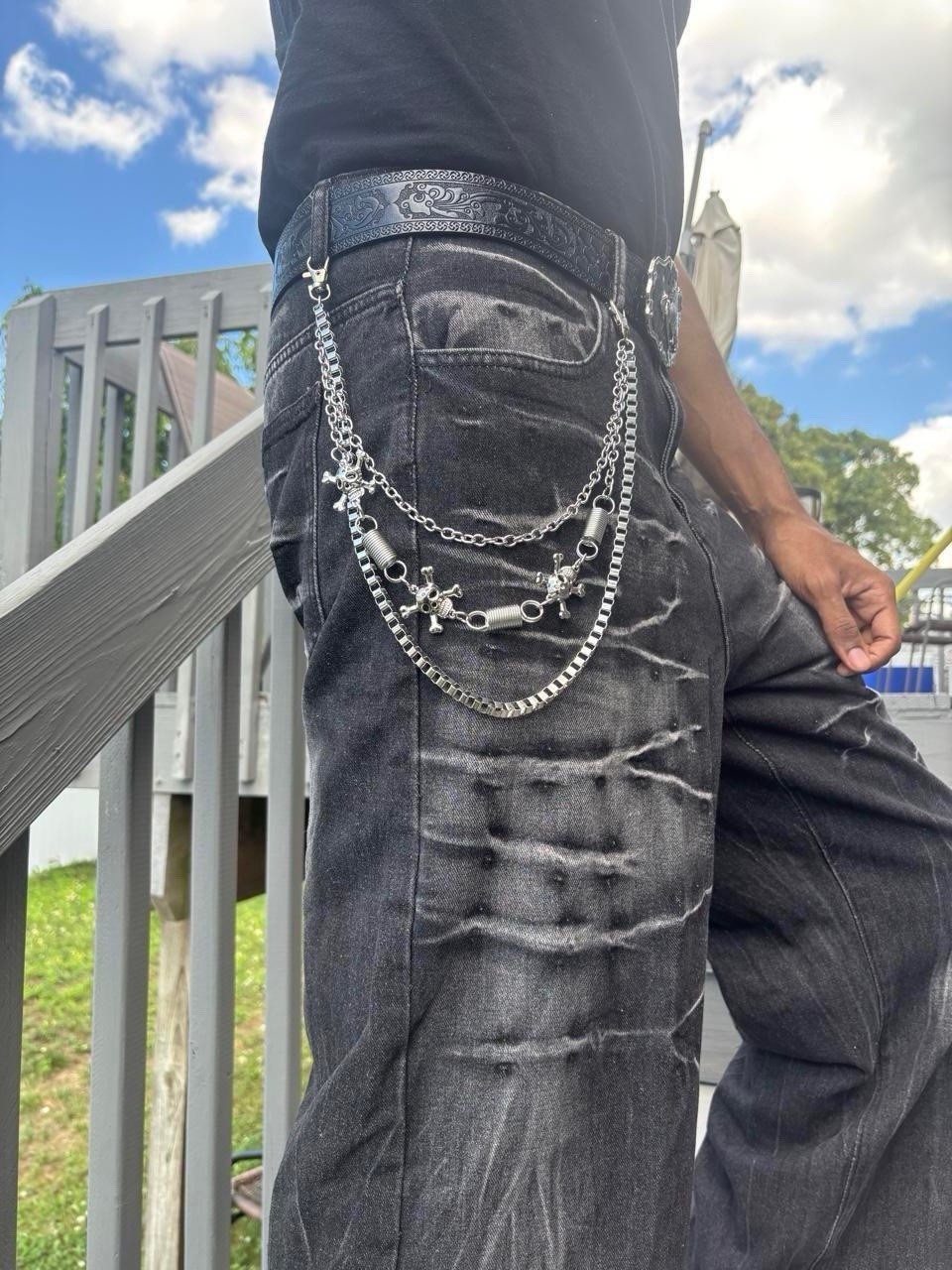 Punk Y2K Silver triple layered Skull biker  chain Waist Chain Grunge boho emo