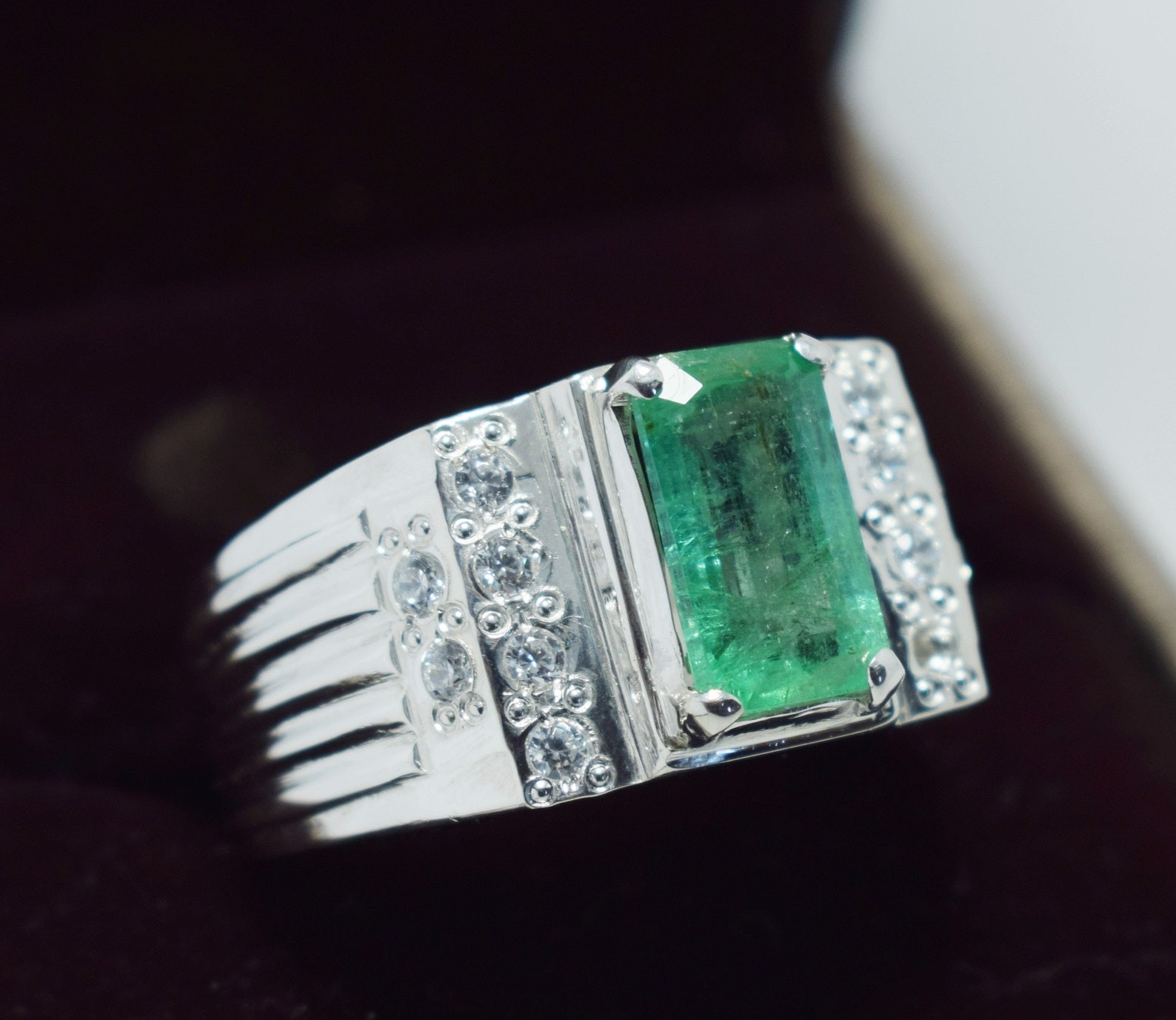 Emerald Ring: Natural Esmeralda, Sterling Silver & Zircon
