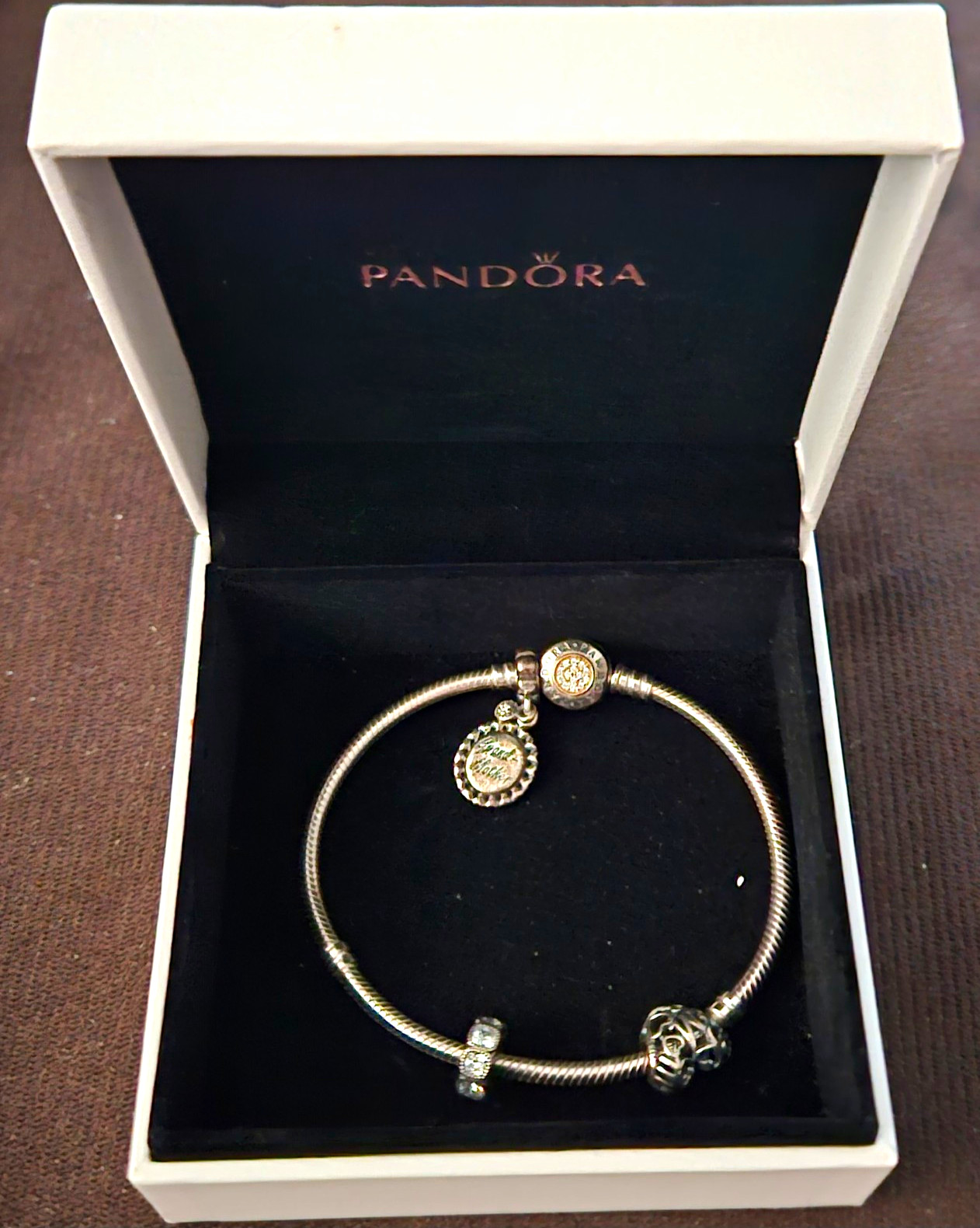 Pandora Silver Snake Chain Charm Bracelet w/ Dangle Charms, Barrel Closure, Box
